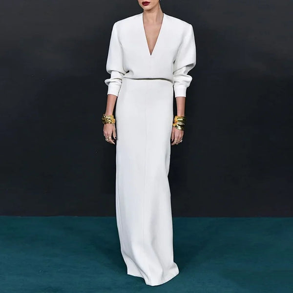Deep V White Long Sleeve Casual Simple Evening Dress