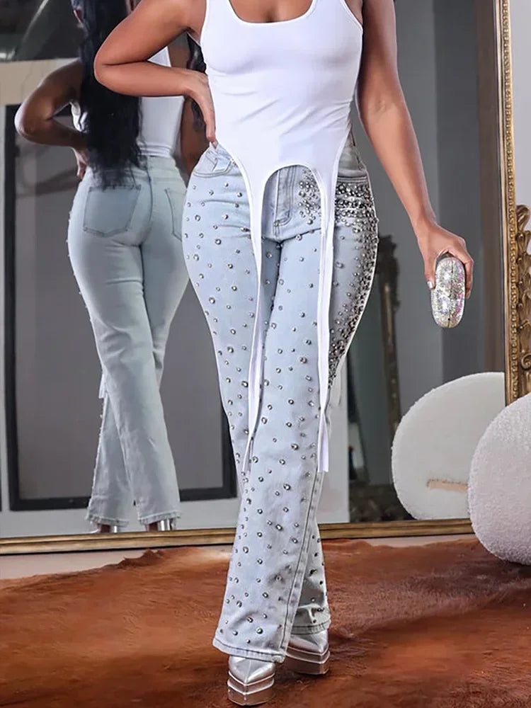 Beading High Waist Slim Casual Denim Pant Vintage