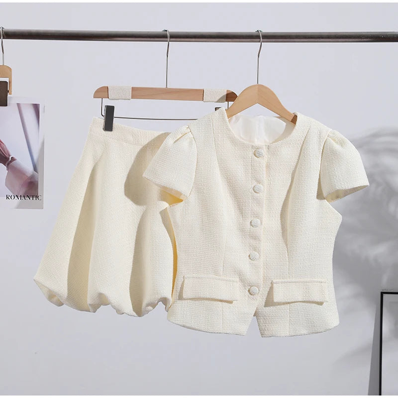 Puffy Sleeve Shirt Bubble Skirt Set Lady Retro Chic