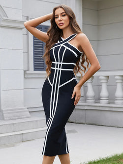 White And Black Stripes Bandage Long Evening Dress
