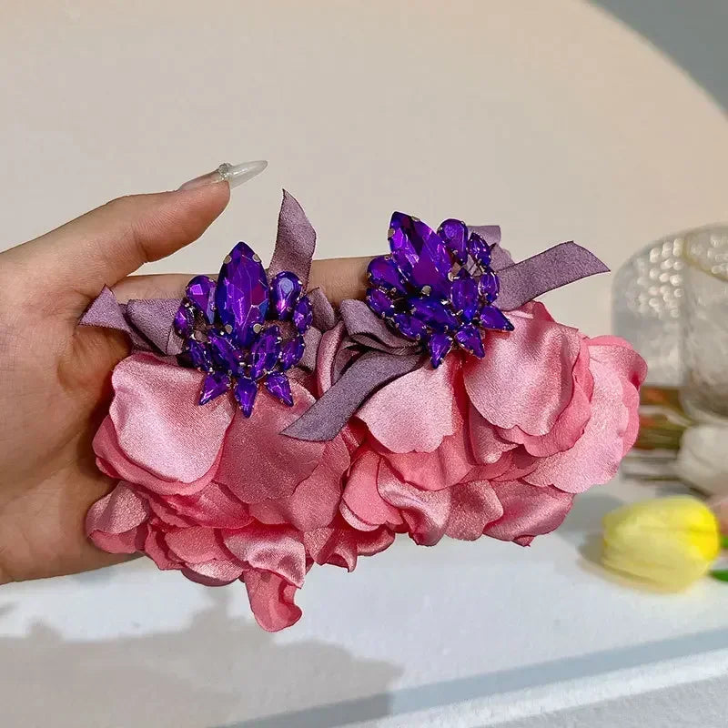 Charm Crystal Cubic Zircon Fabric Flower Big Earrings