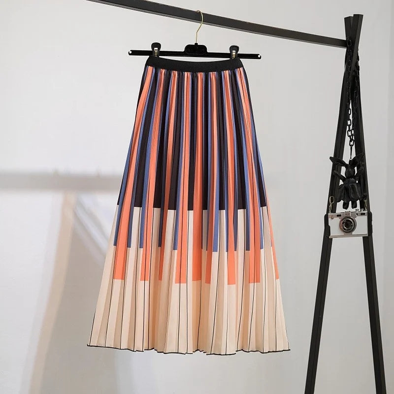 Printed elastic mid length A-line pressed pleated skirt