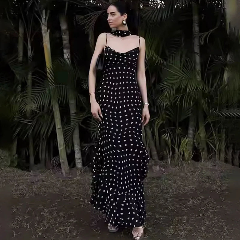 Polka Dot Long Scarf Ribbon Ruffle Halter Pleated Dress