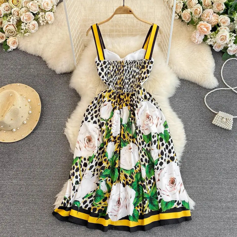 Vintage Rose Leopard Print Midi Dress