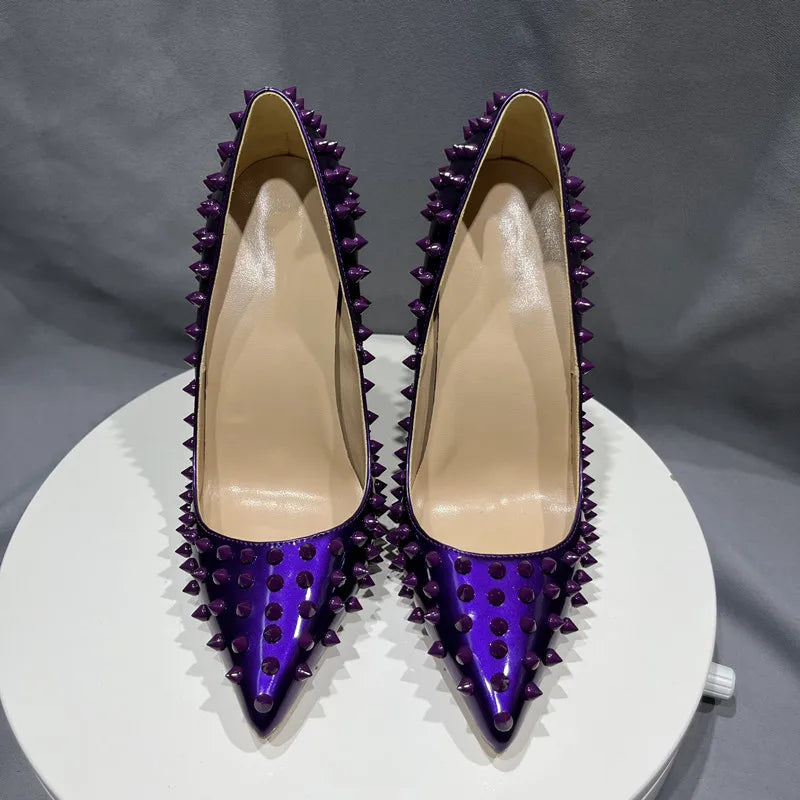 Purple Spikes Rivets Pointed Toe High Heels