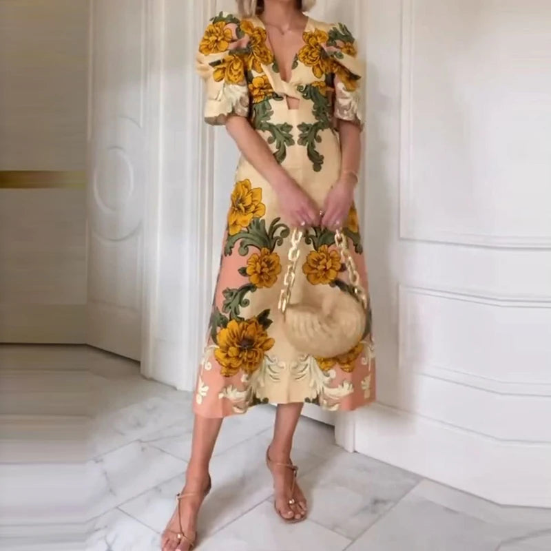 Retro Floral V Neck Hollow Draped Half Puff Sleeve Bohemian Dress