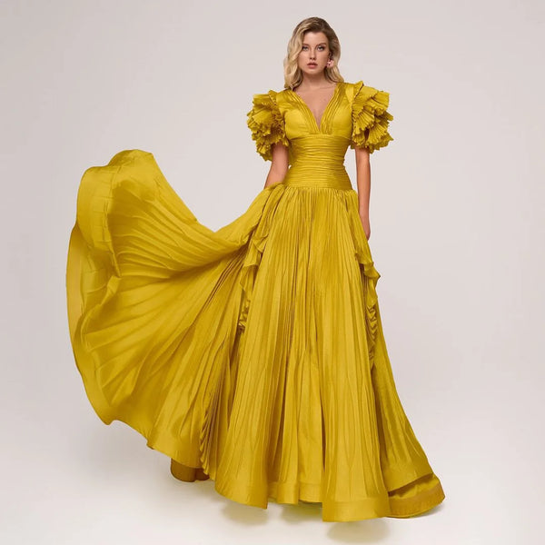 Eye Catching With Ruffles Trim V-neck Short Sleeves A-line Pleated Dress
