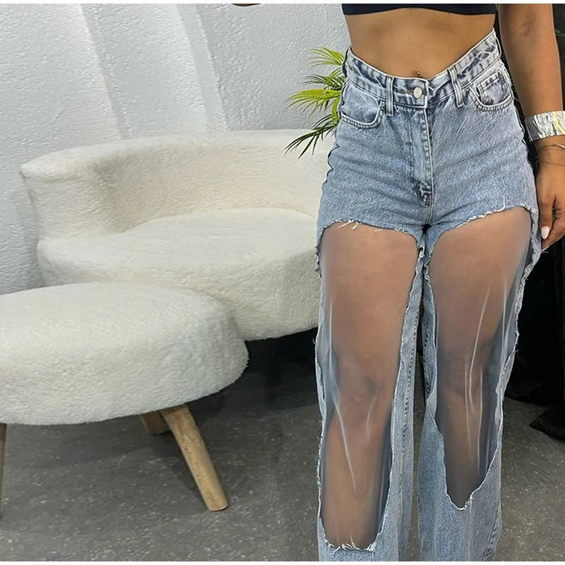 Blue Denim With Sheer Mesh Knee Panels Hip Hop Style