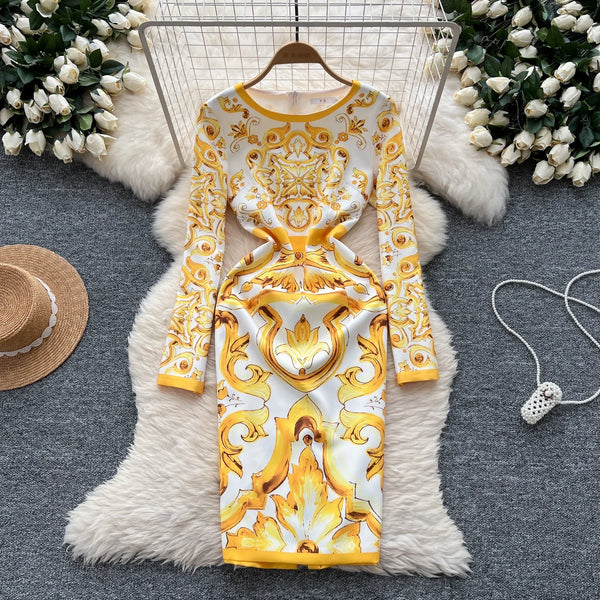 Vintage O-neck Elegant Long Sleeve Split Slim Pencil Dresses