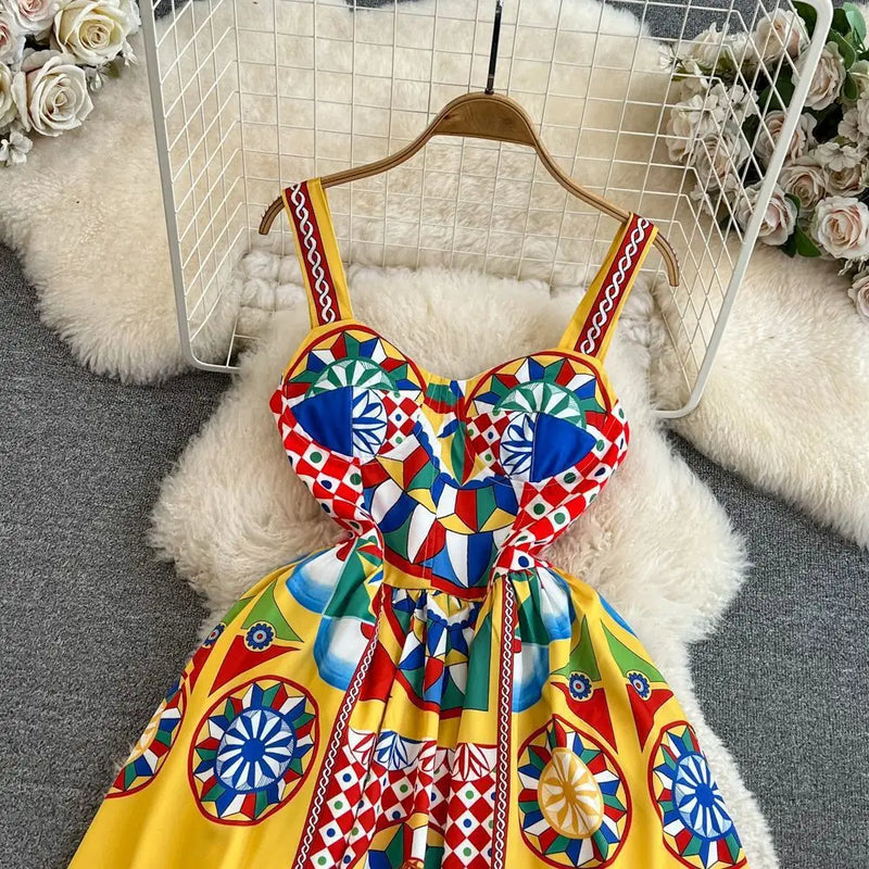 Sling Strapless Sleeveless Print Floral A Line Dress