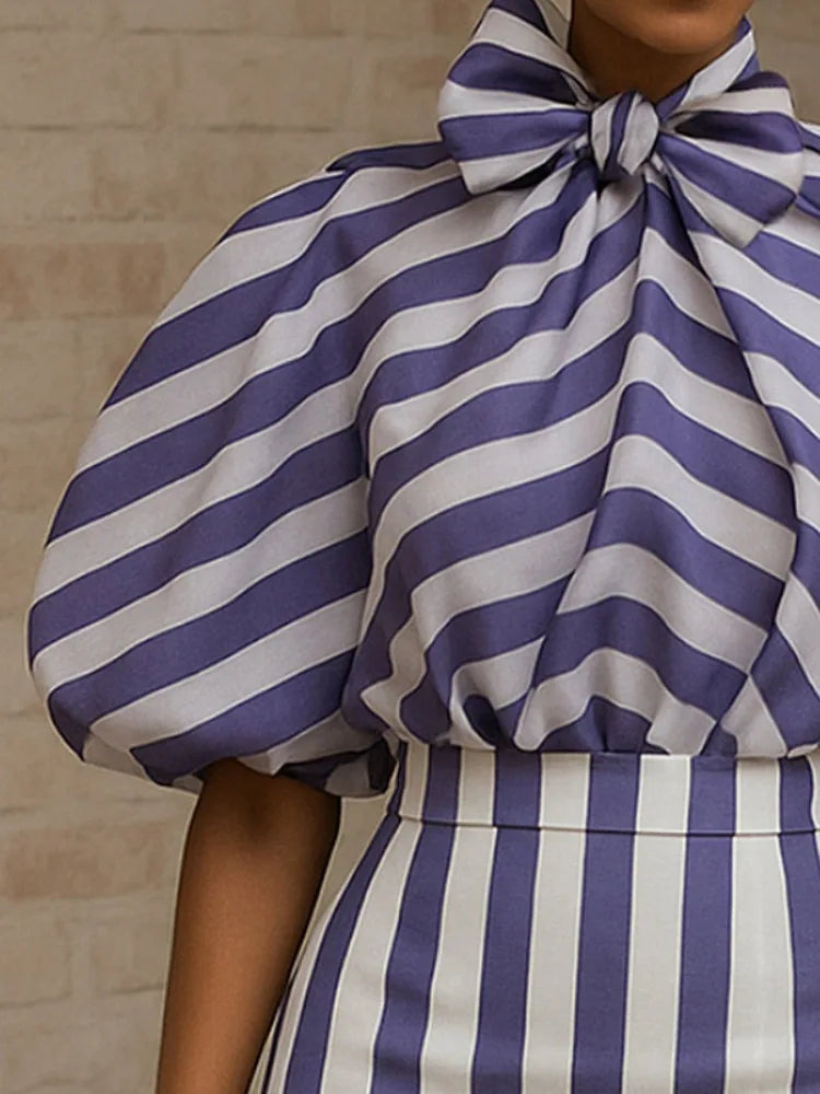 Striped High Waist Long Skirt Puff Sleeves Bow Puff Sleeves Shirts