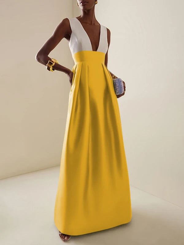 Elegant Cocktail High Waisted Deep V-Neck Dress