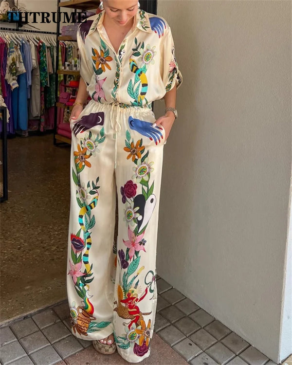 Two Piece Sets Elegant Summer Floral Print Lapel