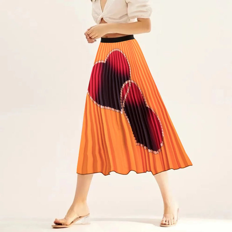 Printed elastic mid length A-line pressed pleated skirt