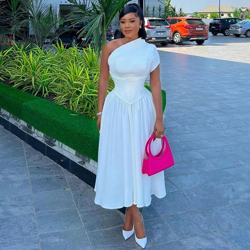Elegant Ruched One Shoulder Lace Up Maxi Long Dress