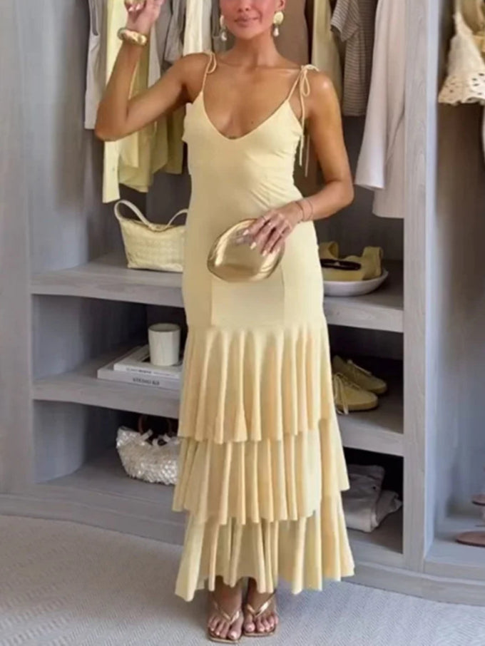 Cascading Ruffles Long V-neck Sleeveless Backless Dress
