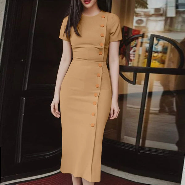 Elegant Short Sleeve Casual Slim Hip Midi Buttons Dress