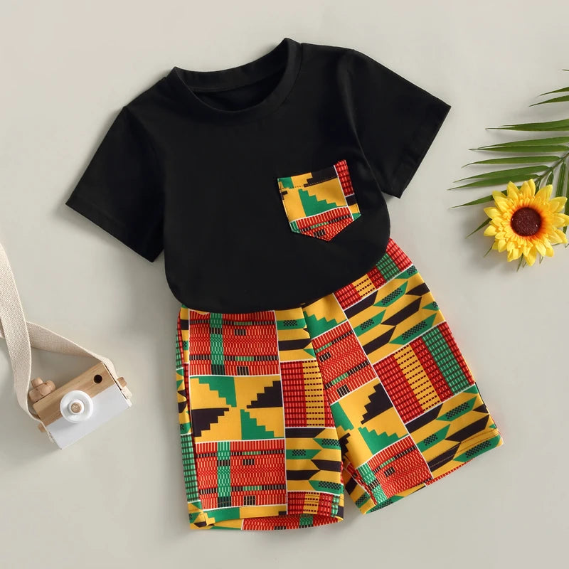 African Style Casual Street Chest Pocket Shirt + Short Trousers
