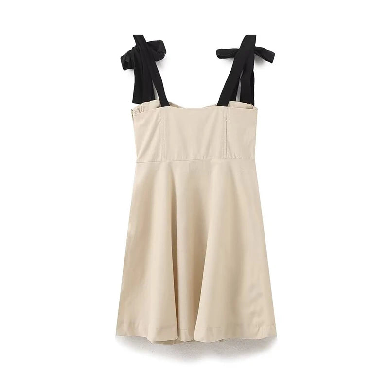 Contrast Bow Sling Mini Dress Sexy Backless Sleeveless A-line