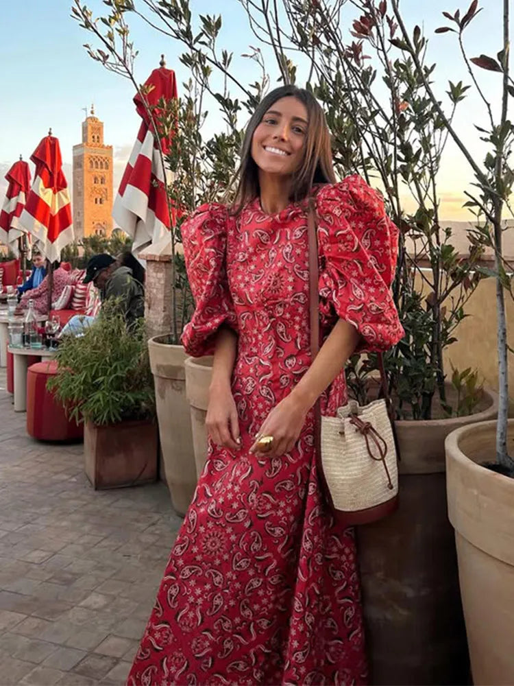 Boho Short Sleeve Round Neck High Waist Slim Fit Maxi Dress