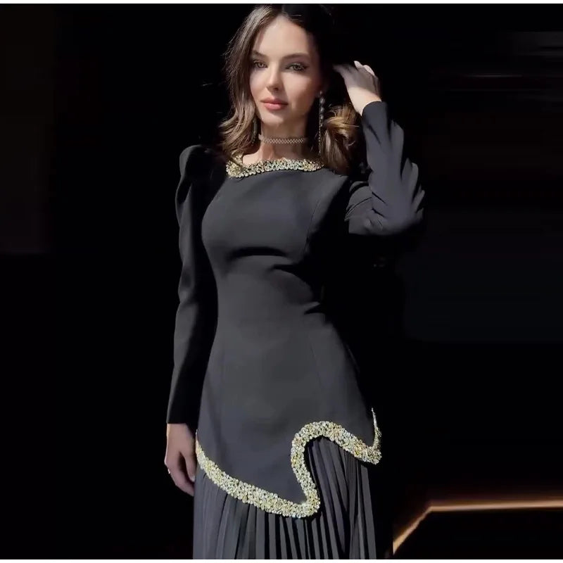 Elegant Rhinestone Long O-neck Full Sleeve Pleated Dress