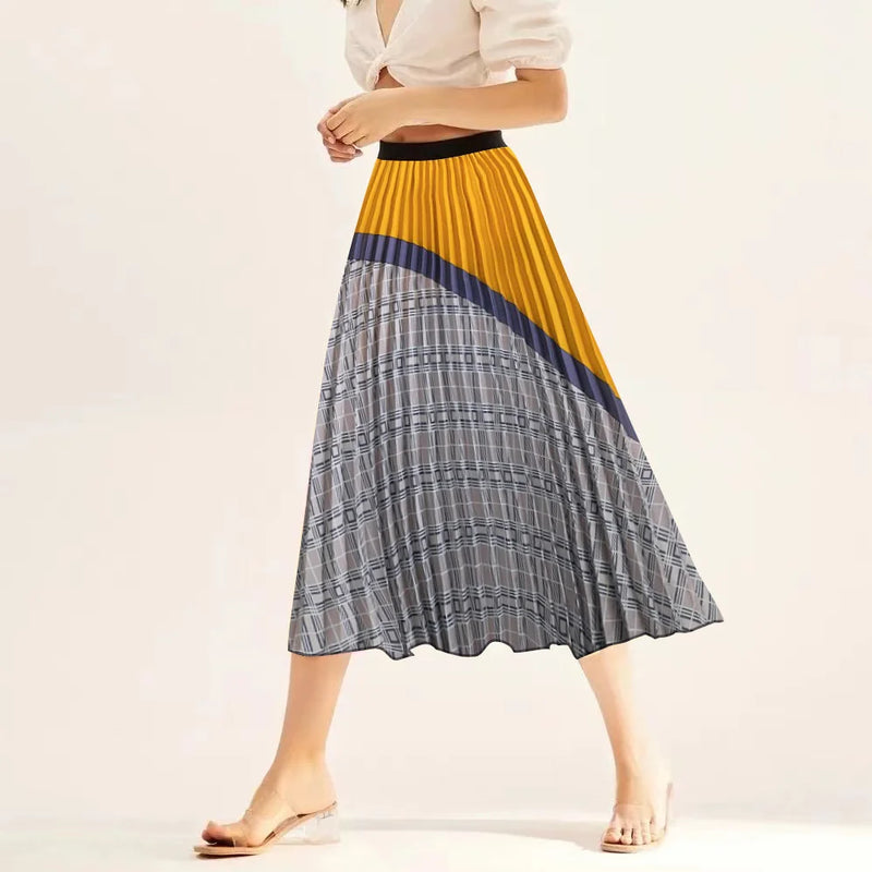 Printed elastic mid length A-line pressed pleated skirt