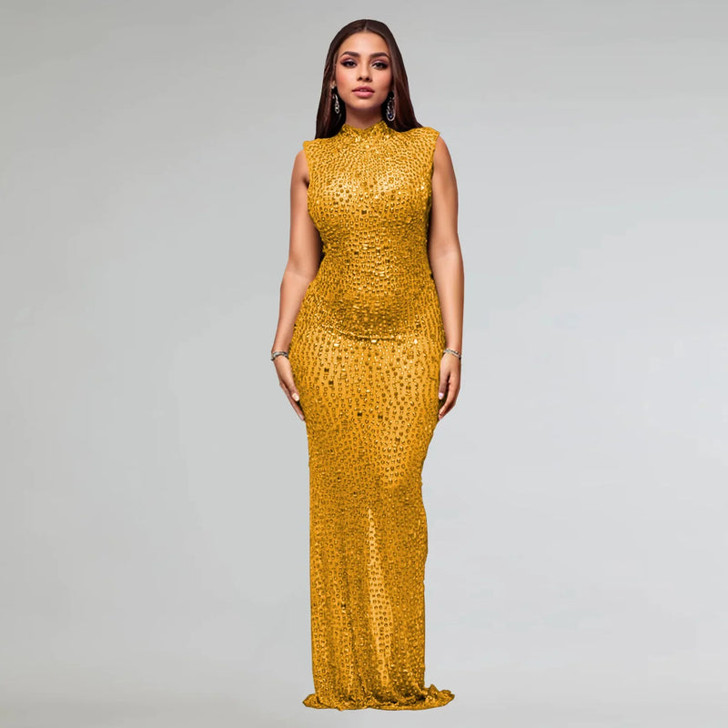 Fall Diamonds Hot Rhinestones O-neck Sleeveless Bodycon Long Dress
