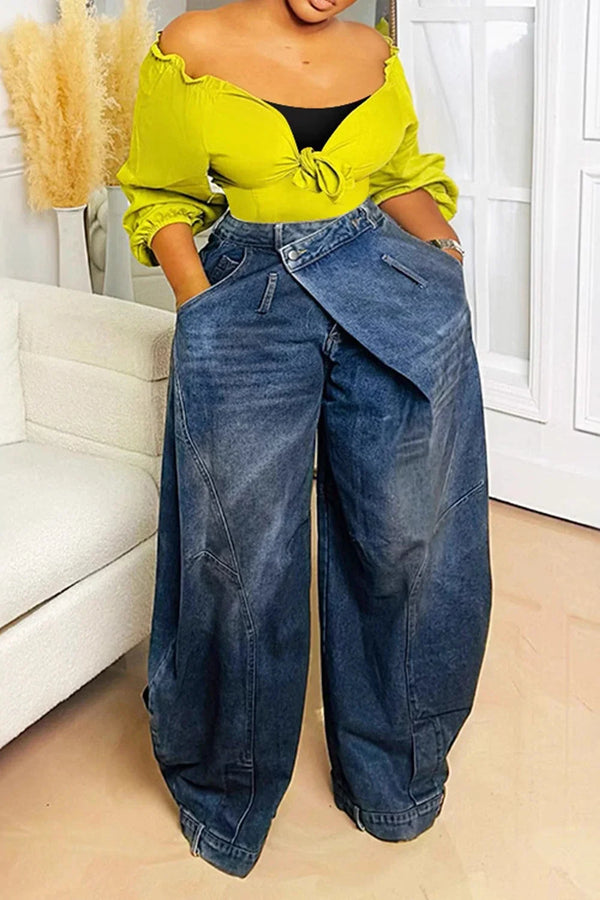 Button Pocket Washed Grunge Denim Jeans