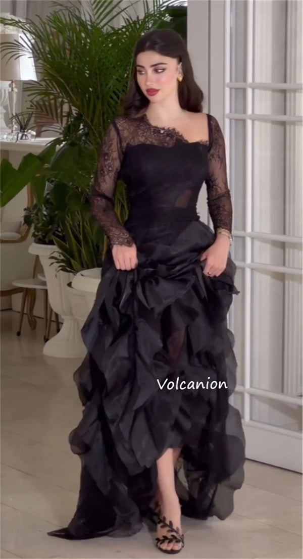 Elegant Organza Ruffle Lace Neck A-line Long Dress