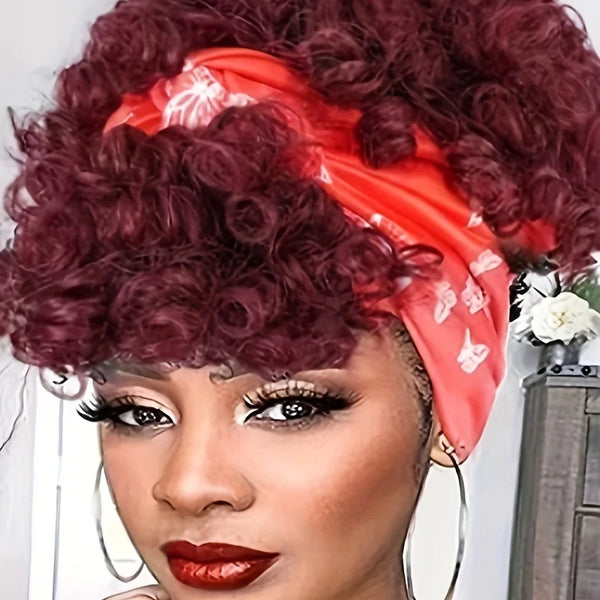 Burgundy Short Curly Headband Wig 100% Human Hair Pixie Cut Wig