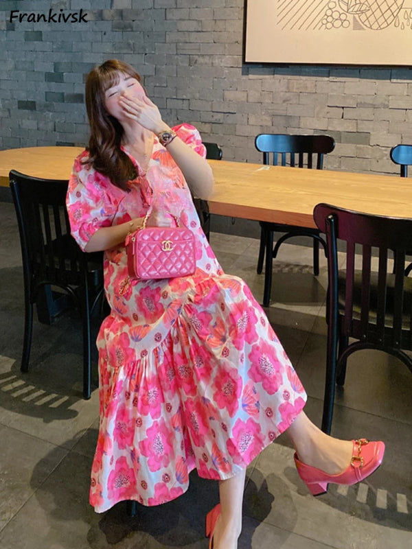 Floral Hot Baggy French Style Aesthetic Puff Sleeve Dress