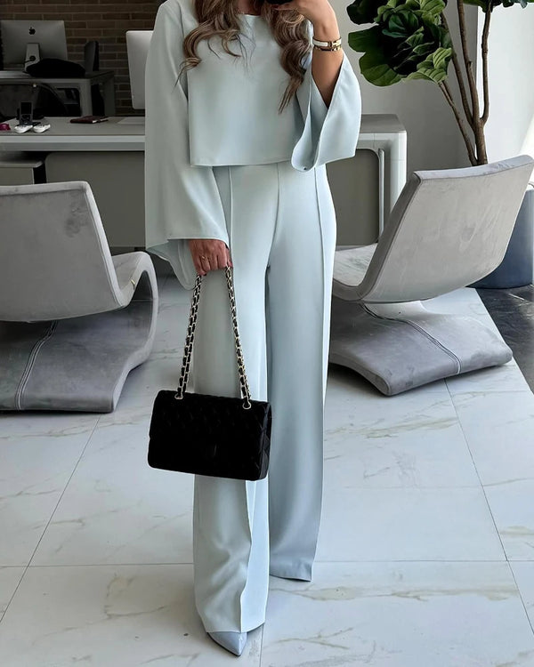 Round Neck Bell Sleeve Top and Casual Loose Fit Pants