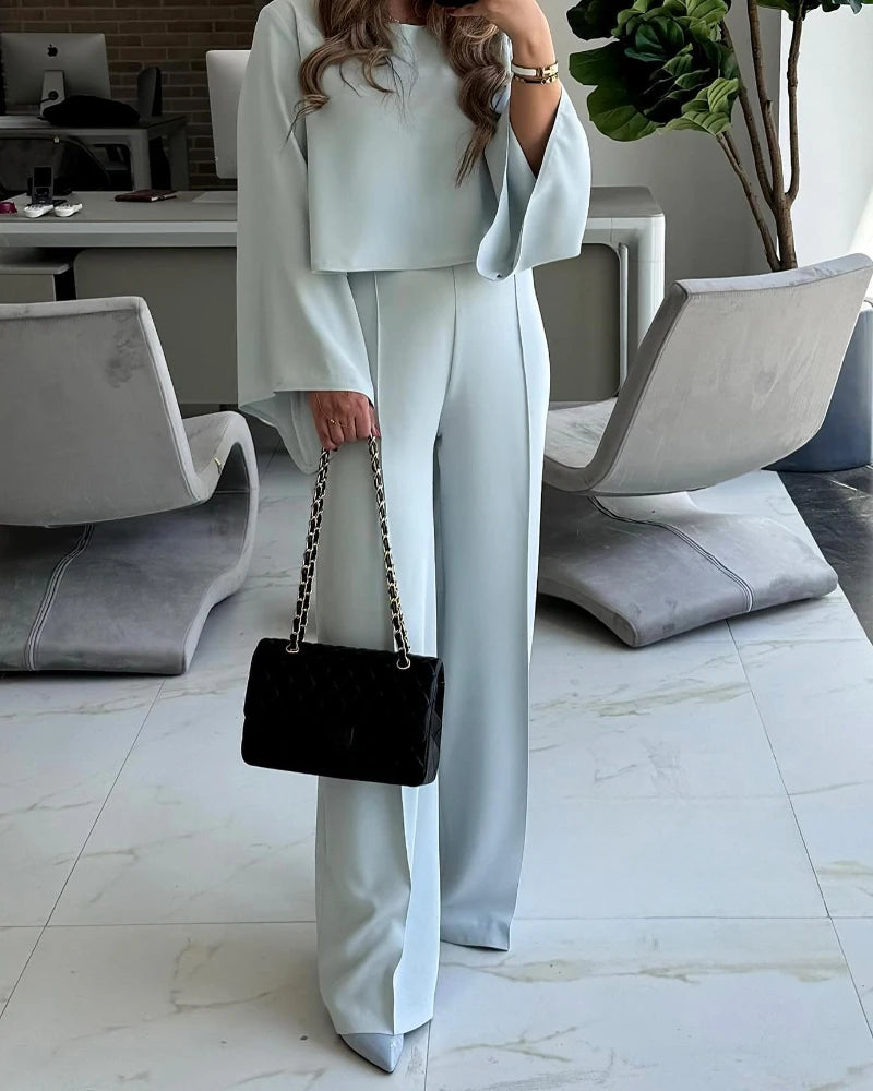 Round Neck Bell Sleeve Top and Casual Loose Fit Pants