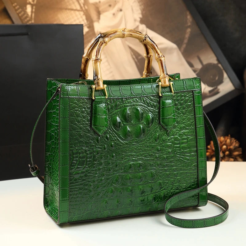 Leather Real Bamboo Crocodile Pattern Handbag