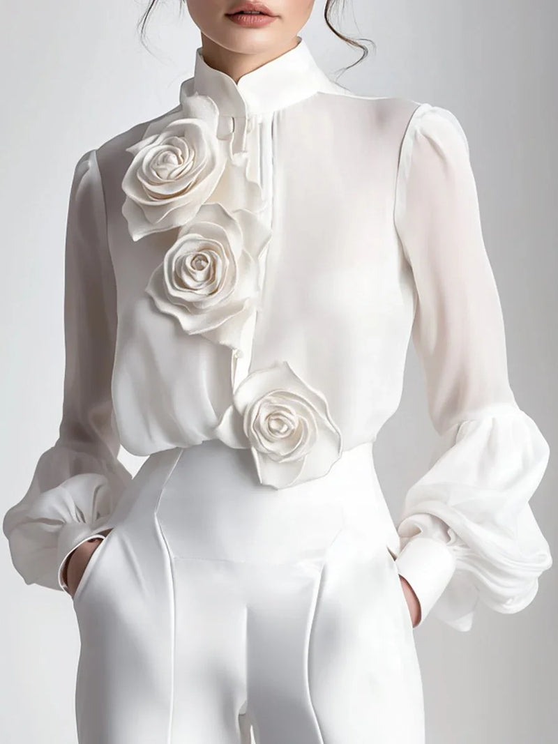 Elegant Long Sleeve 3D Rose Flower Chic White Blouse Tops