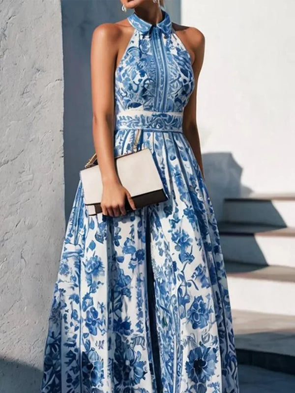 Floral Dress Lapel Collar Sleeveless High Waist