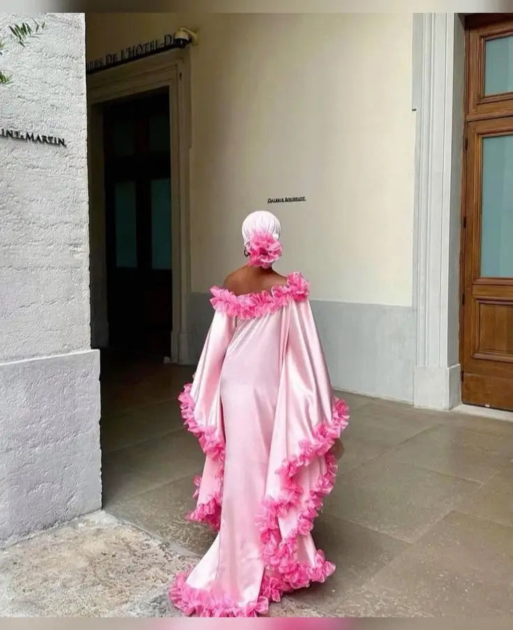 Pretty Pink Kaftan Fuchsia Ruffles Long Robe Full Sleeves