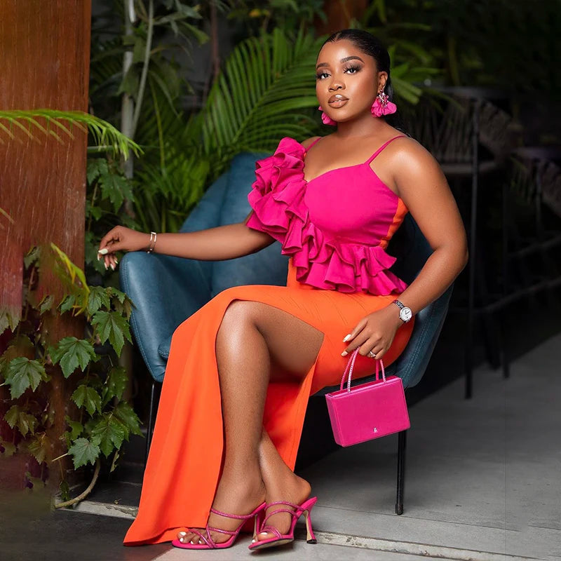 Orange Sleeveless Sexy V-Neck Ruffles Bodycon Mid-calf Bandage Dress