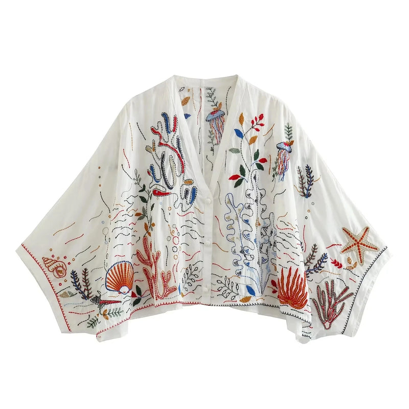 Batwing Sleeve Embriodery Paisley Print Skirt V Neck Vintage Set