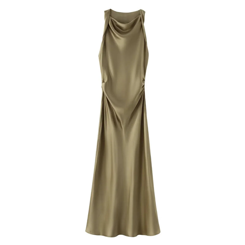 slim fit sleeveless silk satin dress