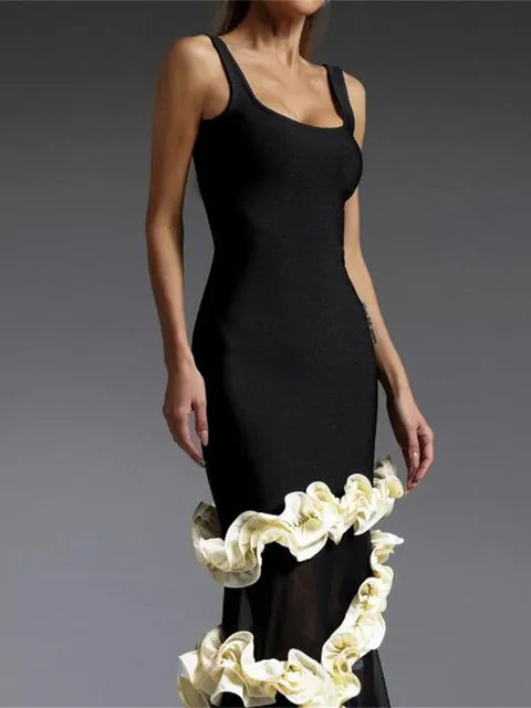 Square Neck Sleeveless Mesh Ruffle Trim Bodycon Dress with Train