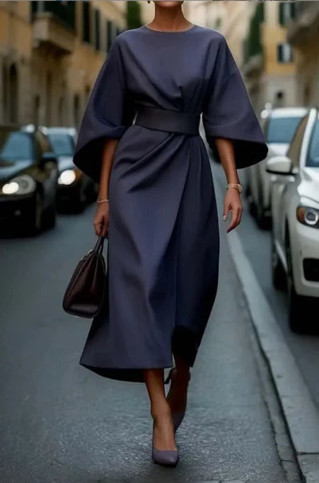 Elegant Solid High Waist Batwing Sleeve Long Dress