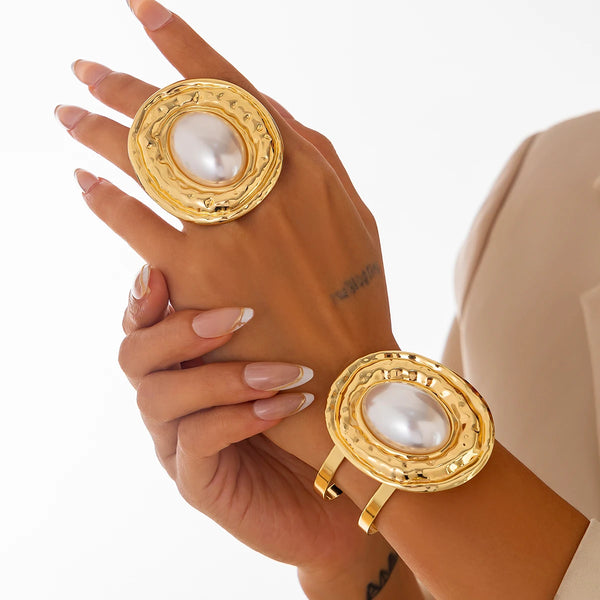 2Pcs/Set Exaggerated Circle Chunky Adjustable Open Cuff Bangles Imitation Pearl Rings