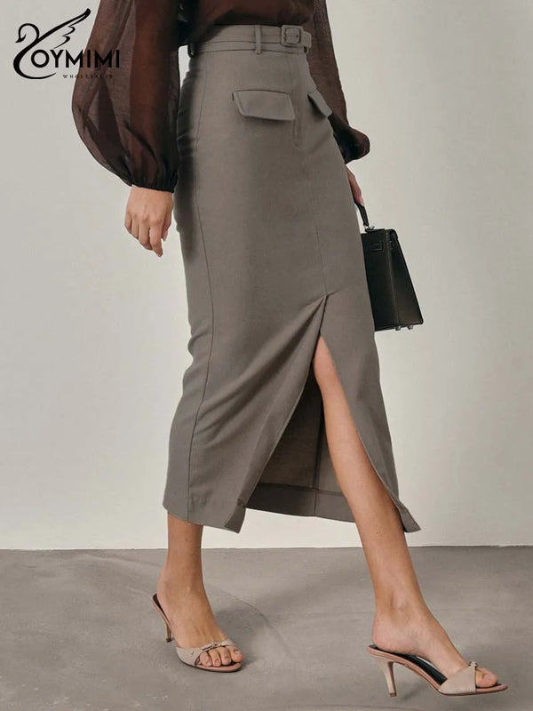 Elegant High Waisted Zipper Casual Pocket Straight Mid-Calf Skirt