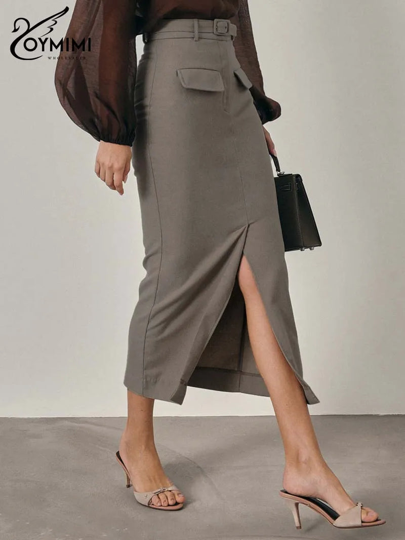 Elegant High Waisted Zipper Casual Pocket Straight Mid-Calf Skirt