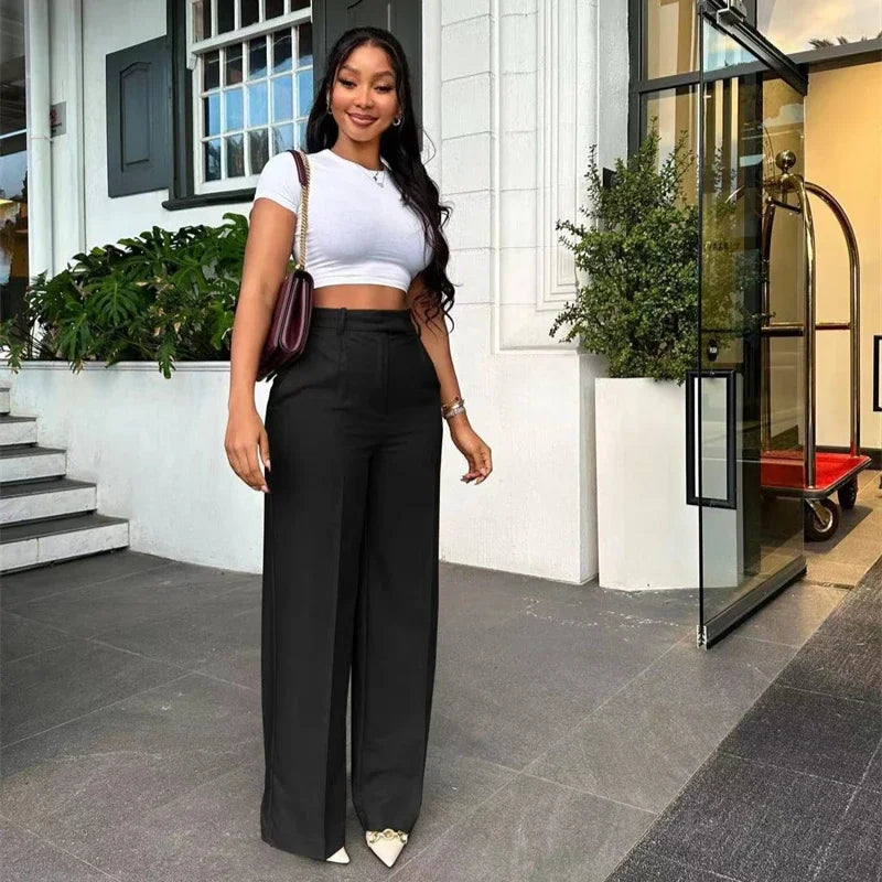 Elegant Fashion Wide Leg High Waist Loose Straight Trousers