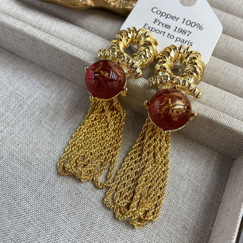 Vintage Red Tassel Drop Earrings