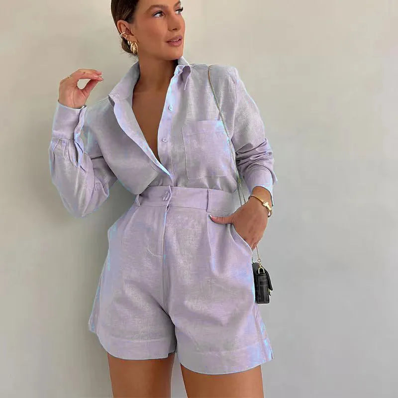 Long Sleeve 2-Piece Set Casual Button Shirt Short