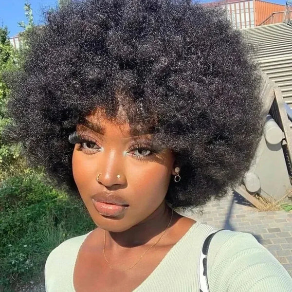 Pixie Short Afro Curly Bob 100% Human Hair Wigs With Bangs