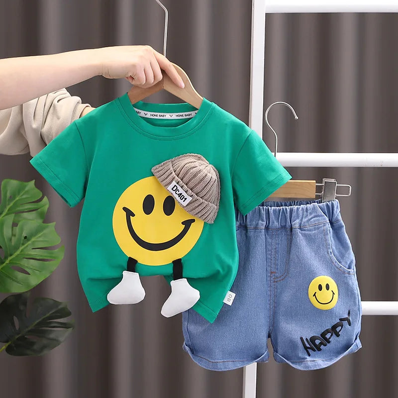 Cartoon Short Sleeve T-Shirt Denim Shorts 2PCS